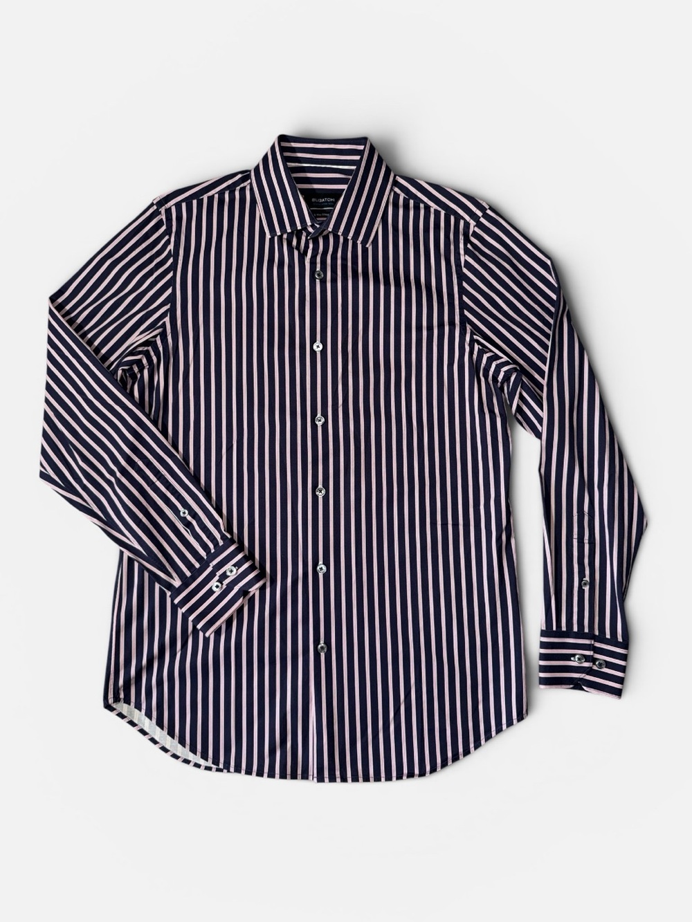 Bugatchi mens S Small pink blue stripe OoohCotton tech 8-way stretch shirt EUC